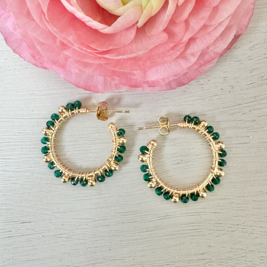 Emerald Green Jade Mini Bobble Hoop Beaded Earrings