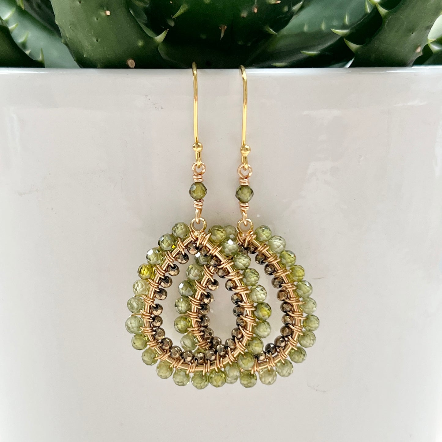 Olive Green Peridot & Bronze Double Beaded Peardrop Earrings