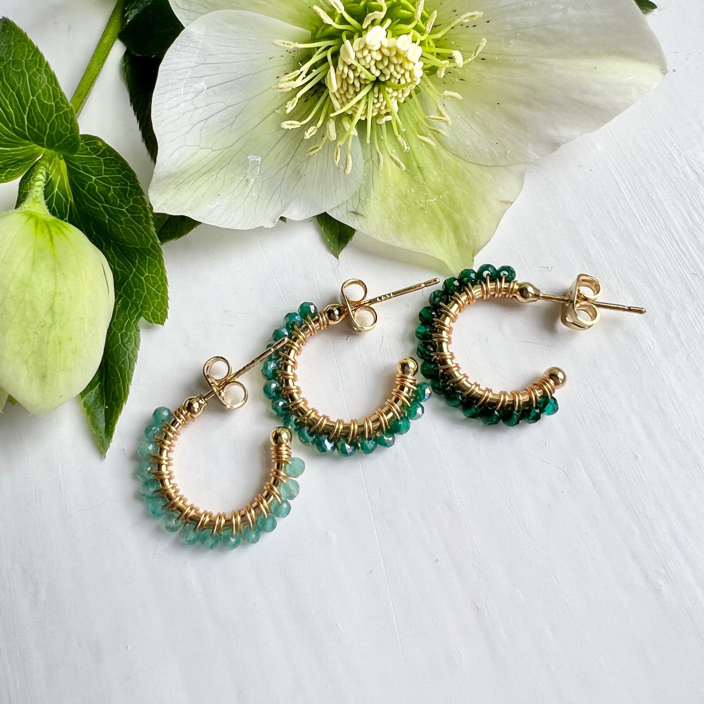 Emerald Green Jade Mini Hoop Beaded Earrings