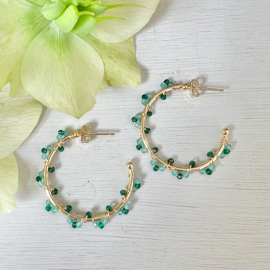 Emerald Green Jade & Mint Green Jade Swirl Midi Hoop Beaded Earrings