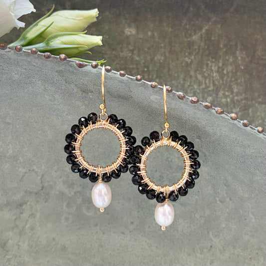 *Black Onyx Mini Round With Pearl Drop Beaded Earrings