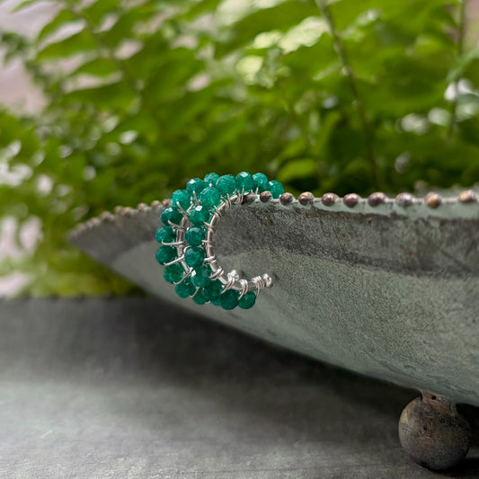 *Chunky Mid Emerald Green Jade Mini Hoop Beaded Earrings (Silver)