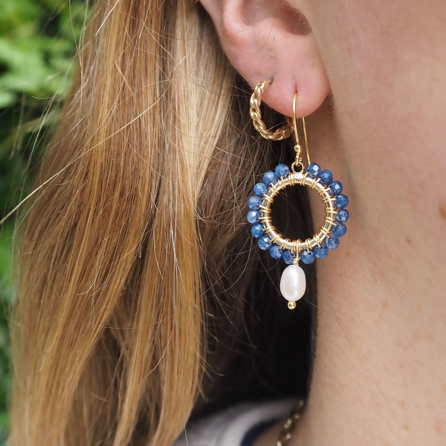 Oxford Blue Quartz Mini Round With Pearl Drop Beaded Earrings