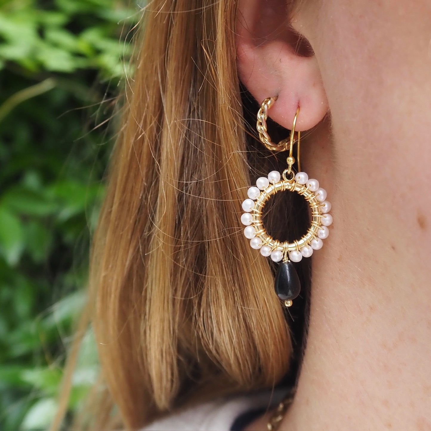 Pearl Mini Round With Black Onyx Drop Beaded Earrings