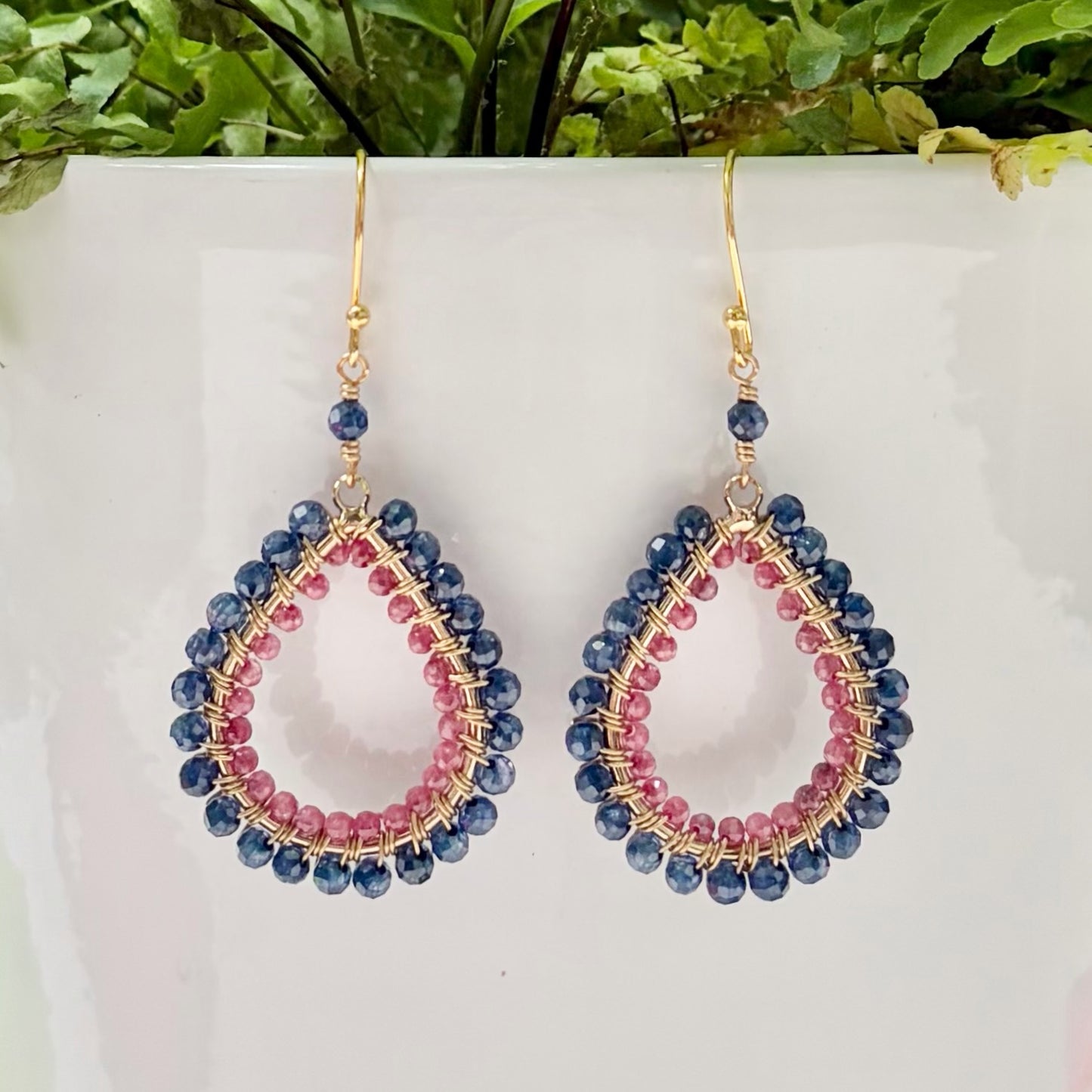 Royal Blue Azurite & Candy Pink Garnet Double Beaded Midi Teardrop Earrings