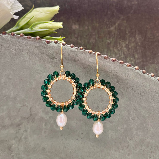 *Emerald Green Jade Mini Round With Pearl Drop Beaded Earrings