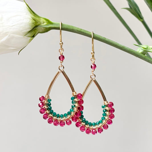 *Fuchsia Pink Garnet & Emerald Green Jade 1/2 Teardrop Beaded Earrings