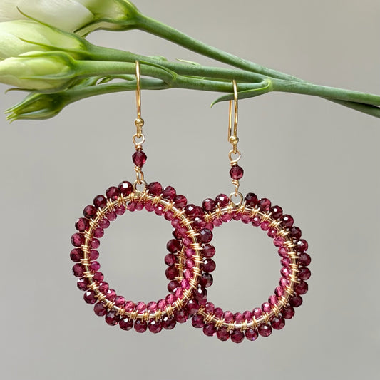 *Burgundy Garnet & Fuchsia Pink Garnet Double Round Beaded Earrings