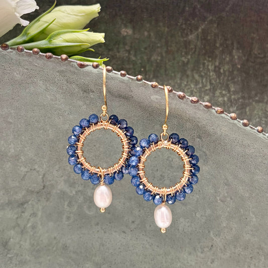 *Oxford Blue Quartz Mini Round With Pearl Drop Beaded Earrings