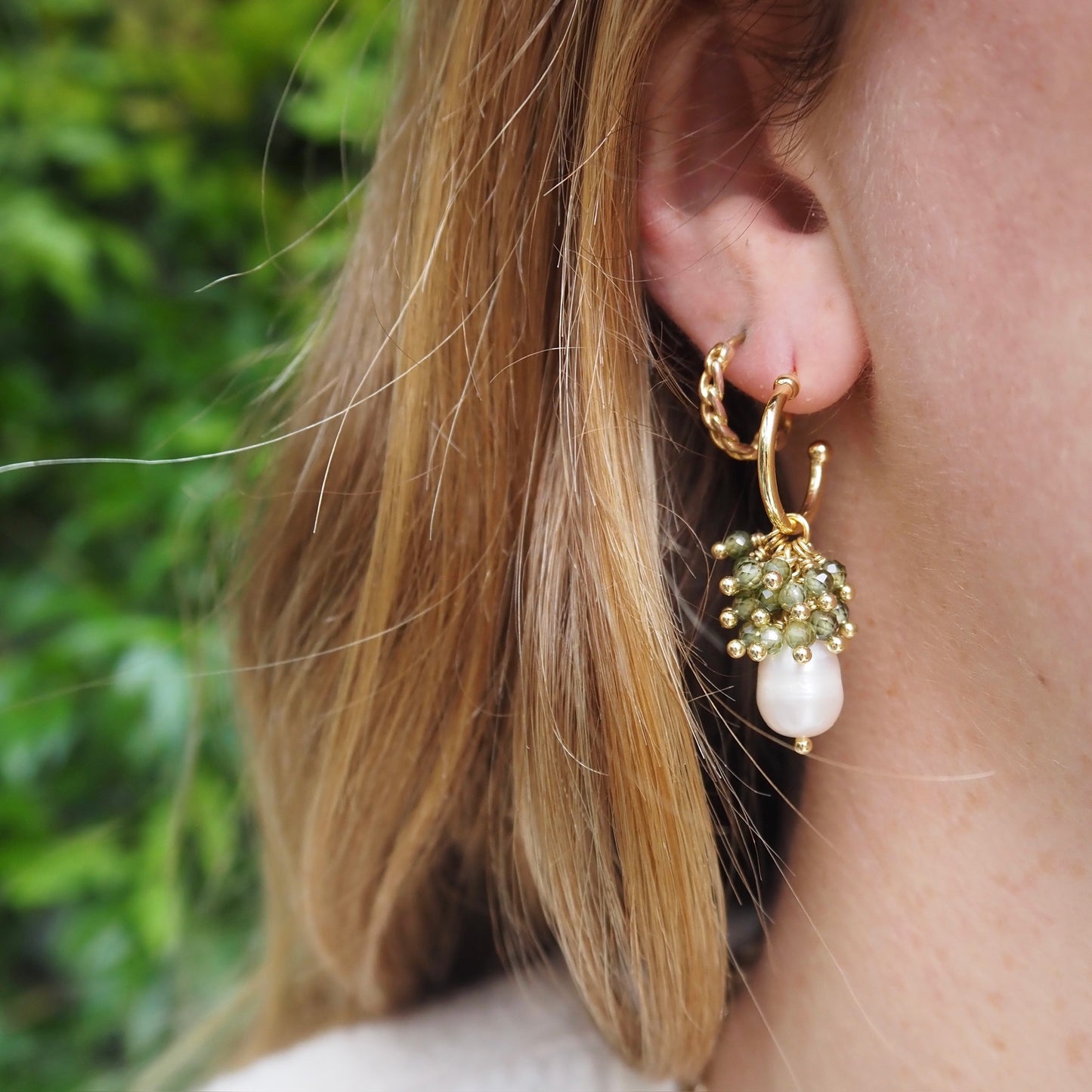 Mini Hoop Earrings With Ibiza Pearl & Mid Olive Green Peridot Drops