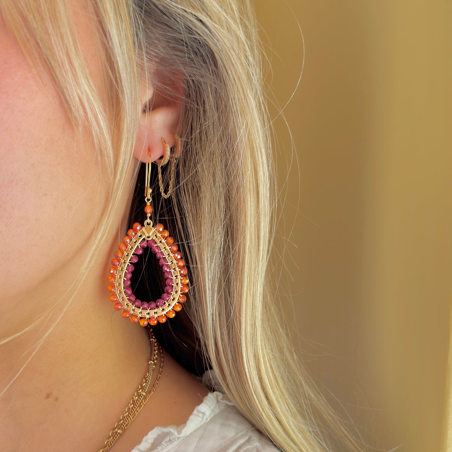 Orange Carnelian & Fuchsia Garnet Mustique Teardrop Earrings