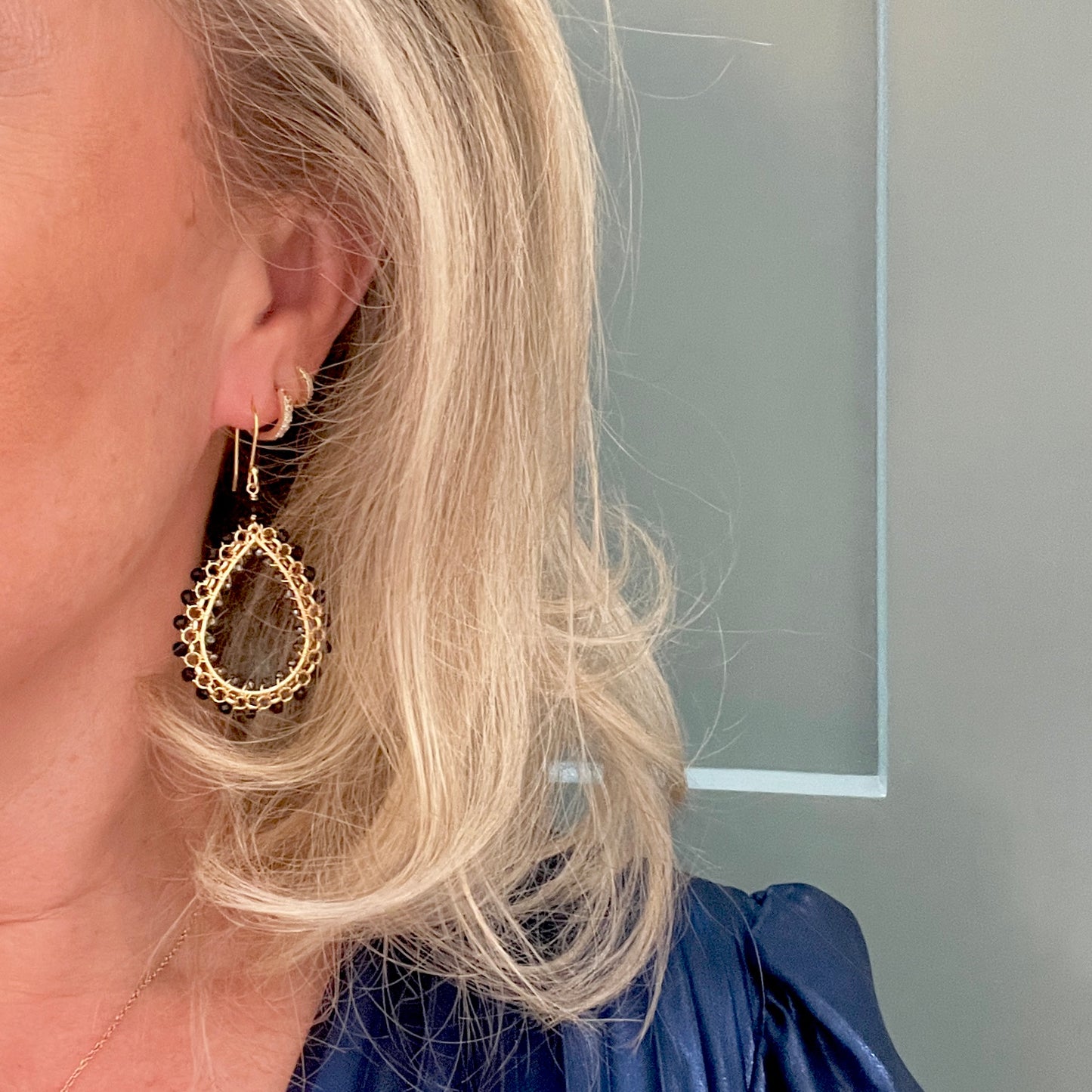 Black Onyx & Grey Hematite Maxi Rolo Teardrop Beaded Earrings