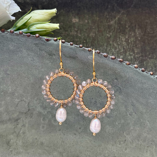 *Grey Labradorite Mini Round With Pearl Drop Beaded Earrings