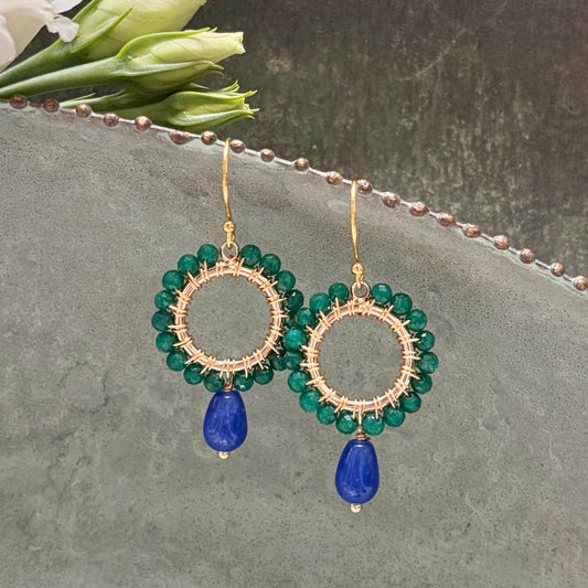 Apple Green Jade Mini Round With Royal Blue Agate Drop Beaded Earrings