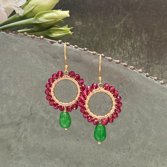 Fuchsia Pink Garnet Mini Round With Green Jade Drop Beaded Earrings