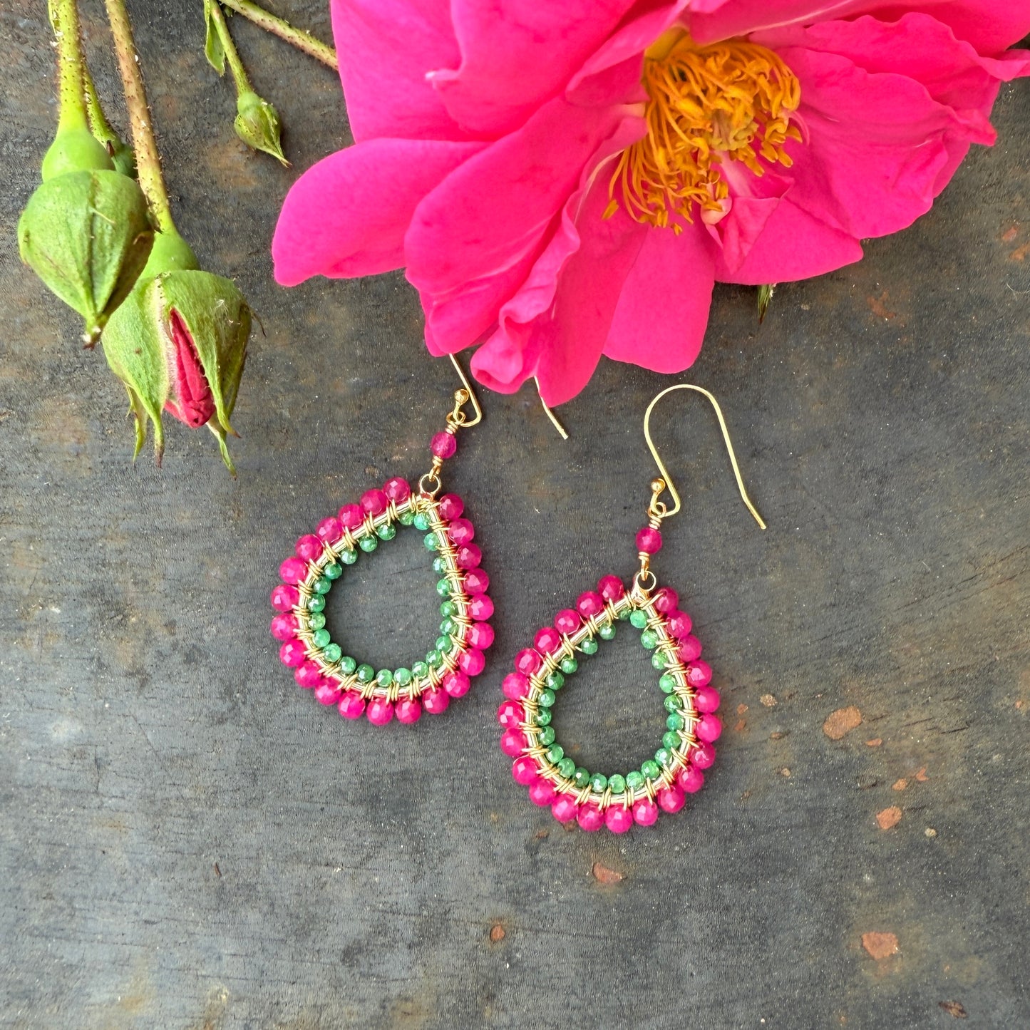 Magenta Pink & Apple Green Jade Double Beaded Midi Teardrop Earrings