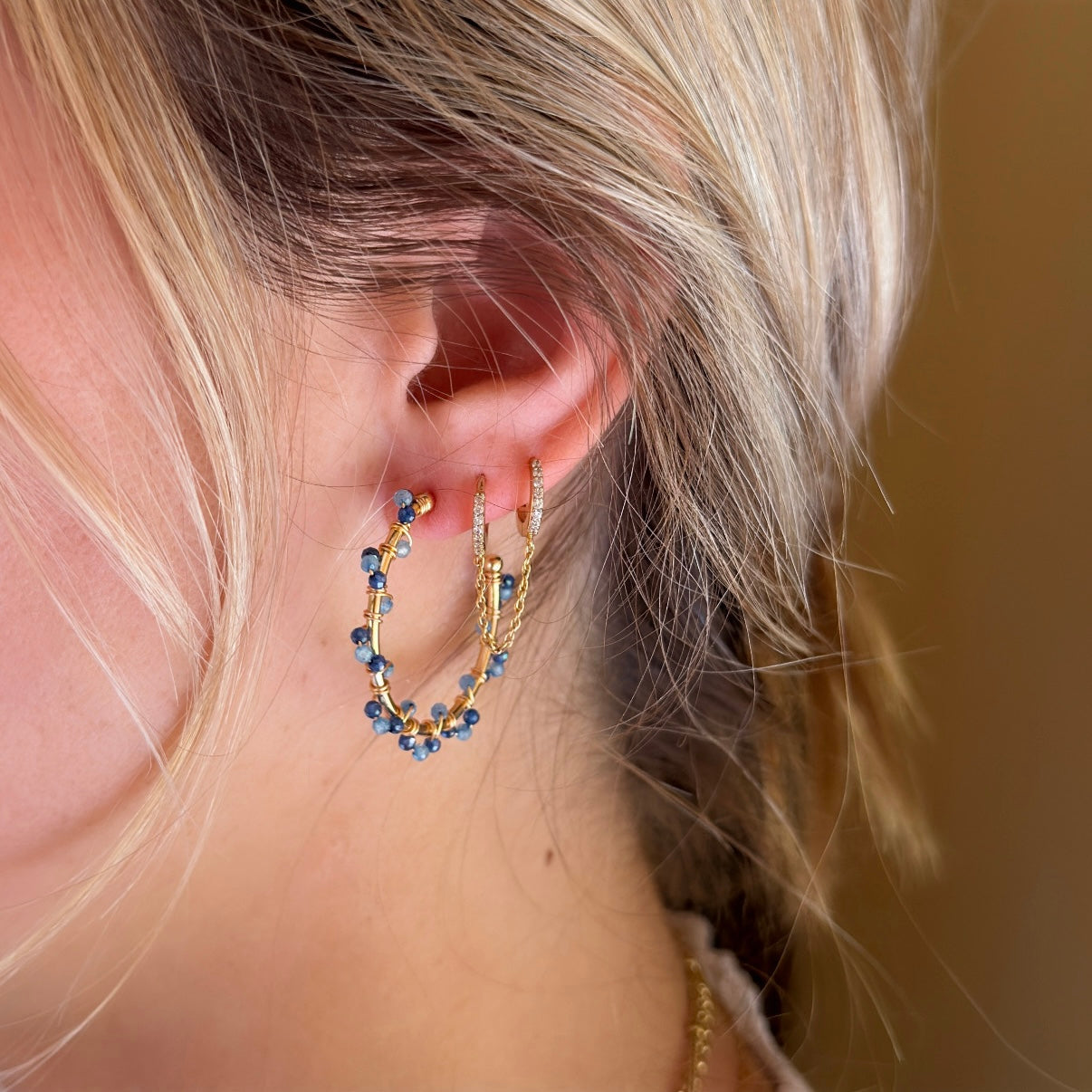 Royal Blue Azurite & Pale Denim Blue Azurite Swirl Midi Hoop Beaded Earrings