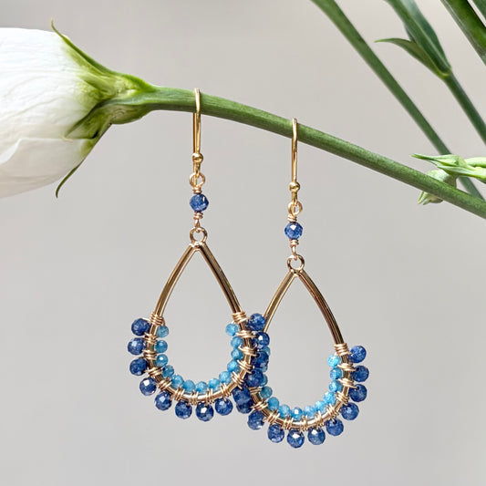 *Airforce Blue Quartz + Dark Cornflower Blue Kyanite 1/2 Teardrop Beaded Earrings