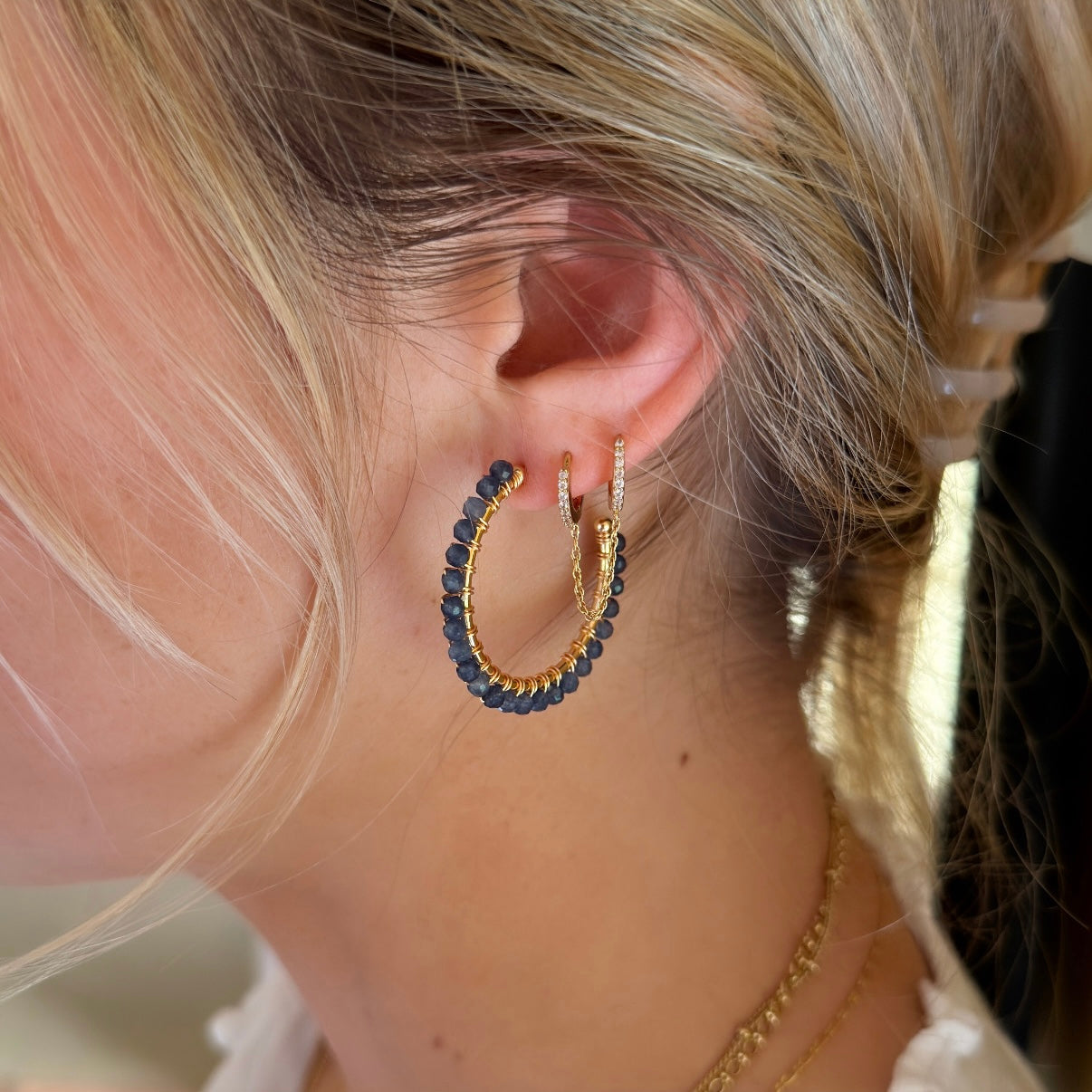 Denim Blue Iolite Solid Midi Hoop Beaded Earrings