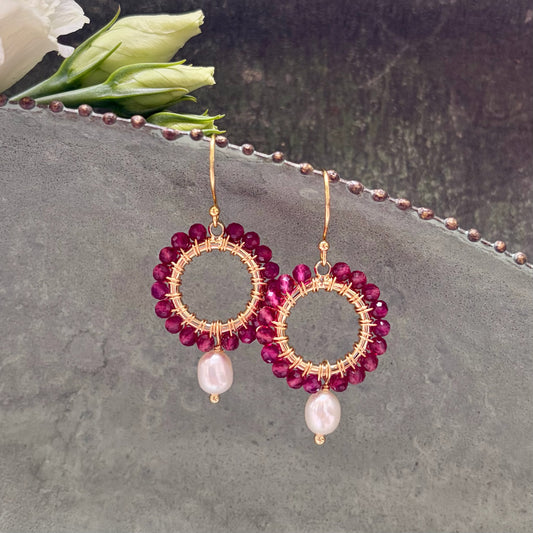 *Fuchsia Pink Garnet Mini Round With Pearl Drop Beaded Earrings