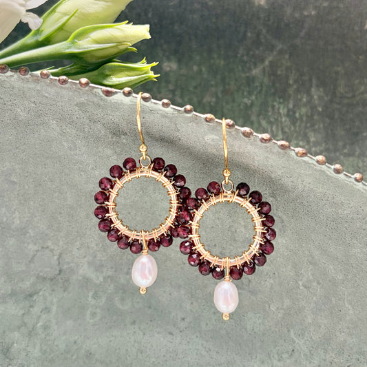 *Burgundy Garnet Mini Round With Pearl Drop Beaded Earrings
