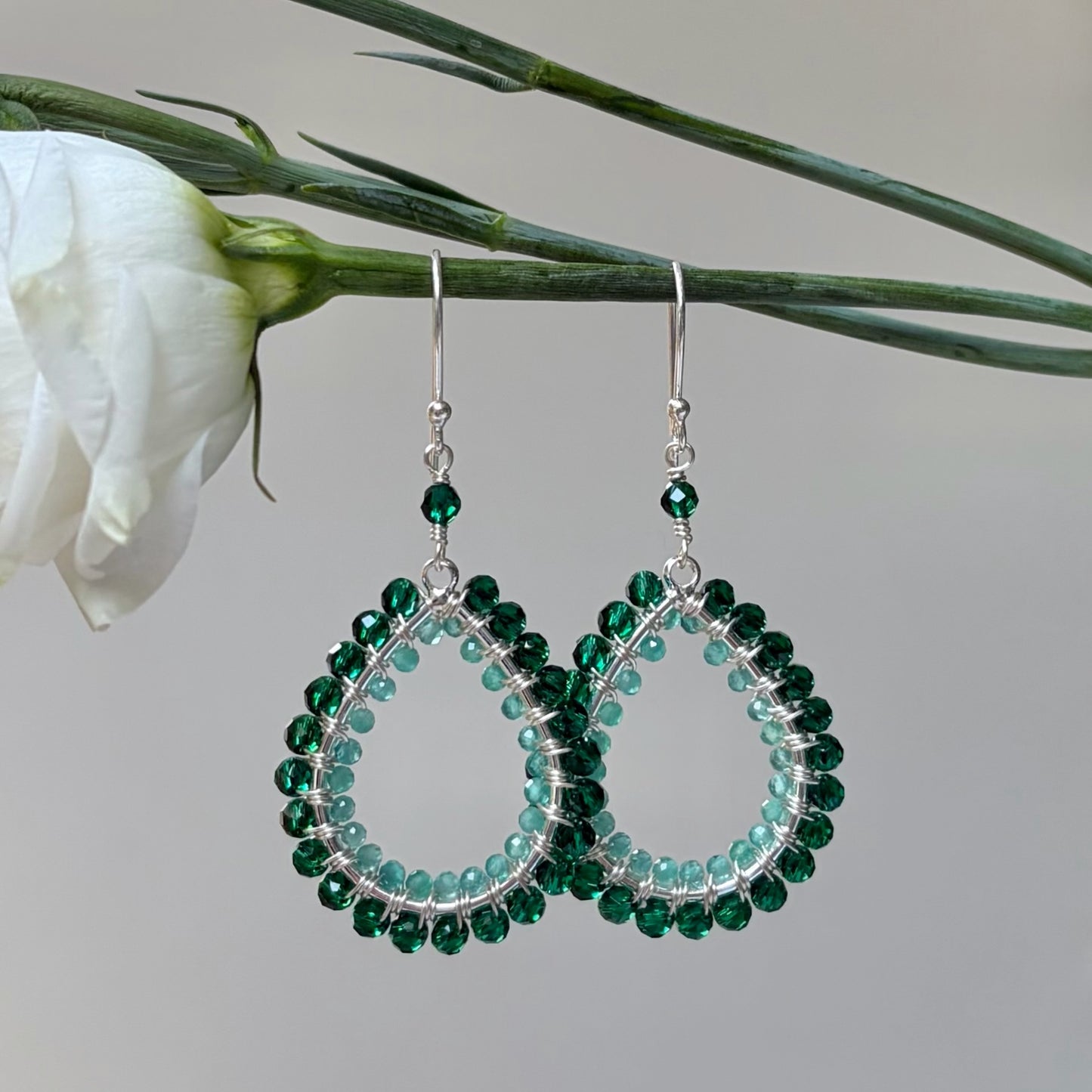 Emerald Green Jade & Mint Green Jade Double Beaded Midi Teardrop Earrings (Silver)