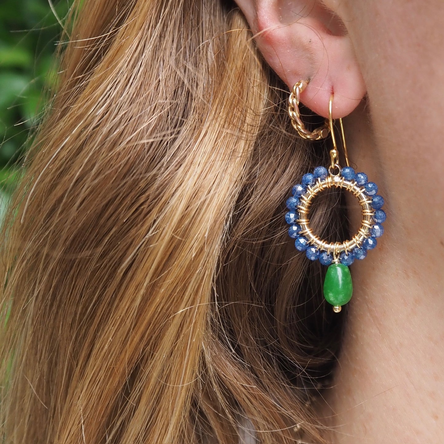 Dark Denim Iolite Mini Round With Seafoam Chalcedony Drop Beaded Earrings