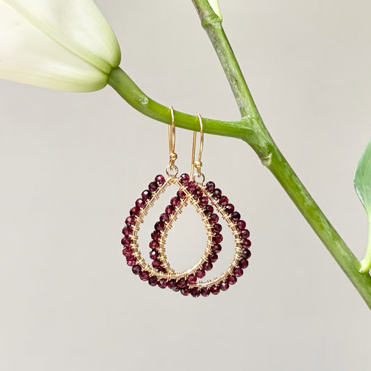 Burgundy Red Garnet Midi Teardrop Beaded Earrings
