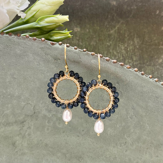 *Dark Denim Blue Iolite Mini Round With Pearl Drop Beaded Earrings