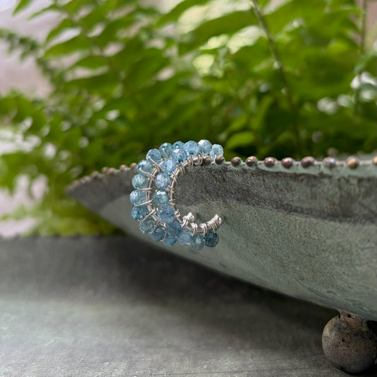 *Chunky Pale Denim Azurite Mini Hoop Beaded Earrings (Silver)