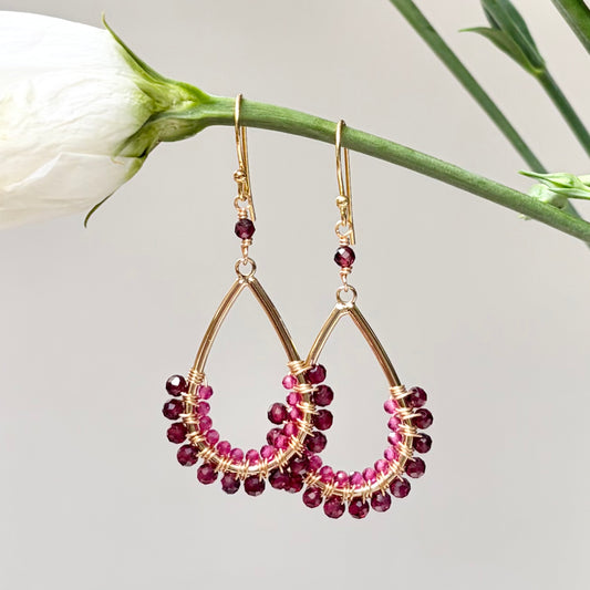*Burgundy Garnet & Fuchsia Pink Garnet 1/2 Teardrop Beaded Earrings