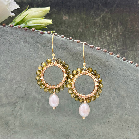 *Olive Green Peridot Mini Round With Pearl Drop Beaded Earrings