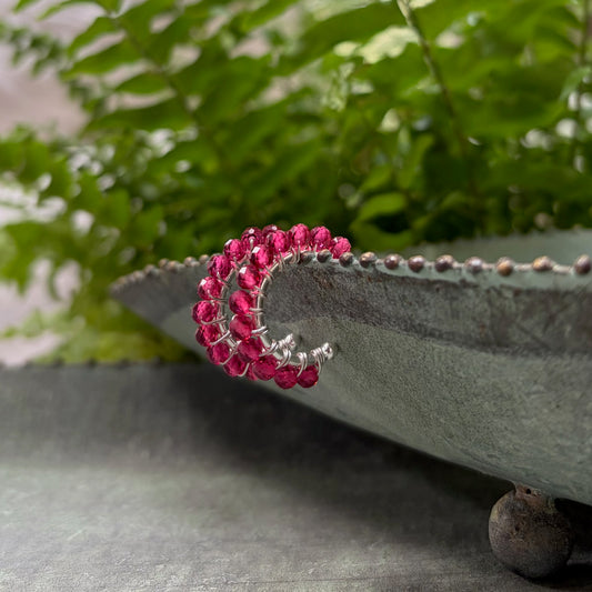 *Chunky Fuchsia Pink Garnet Mini Hoop Beaded Earrings (Silver)