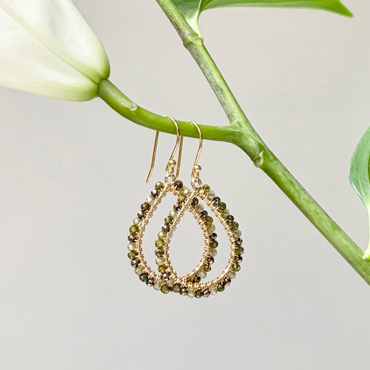 Khaki Green Peridot & Pyrite Ombré Midi Teardrop Beaded Earrings