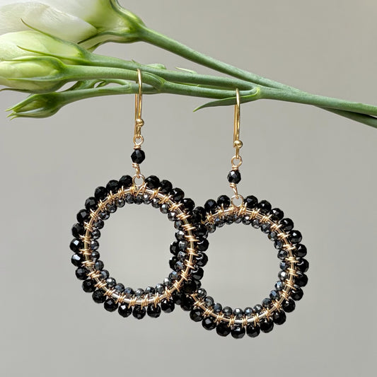 *Black Onyx & Charcoal Grey Hematite Double Round Beaded Earrings