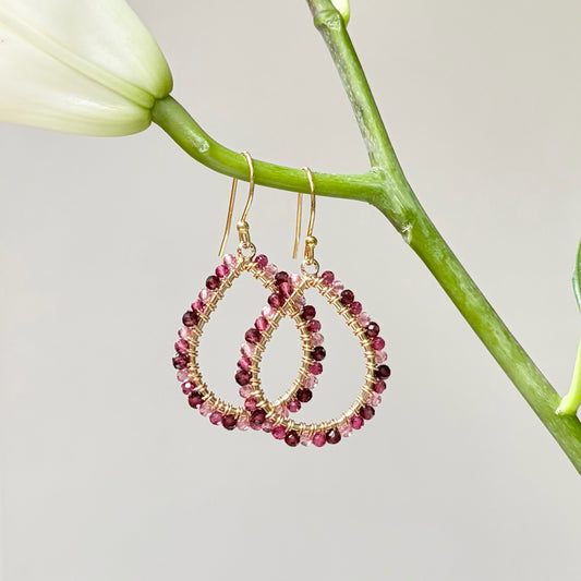 Burgundy Garnet & Pink Jade Ombré Midi Teardrop Beaded Earrings
