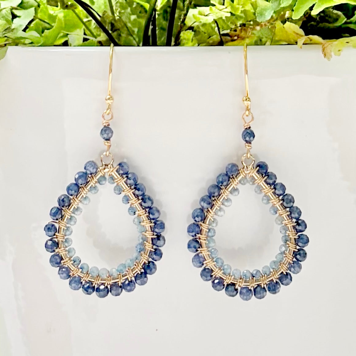 Royal Blue Azurite & Pale Cornflower Blue Kyanite Double Beaded Midi Teardrop Earrings