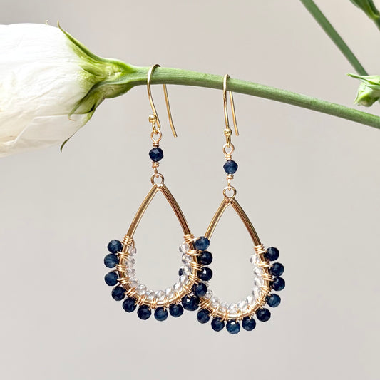 *Dark Denim Blue Iolite & Crystal 1/2 Teardrop Beaded Earrings