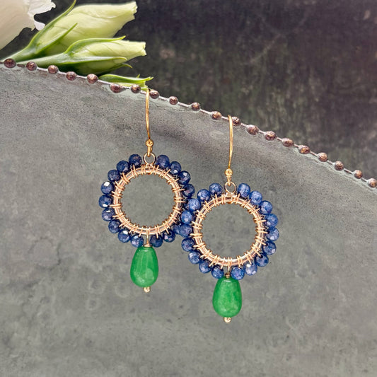 *Oxford Blue Quartz Mini Round With Green Jade Drop Beaded Earrings