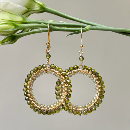 *Olive Green Peridot Double Round Beaded Earrings