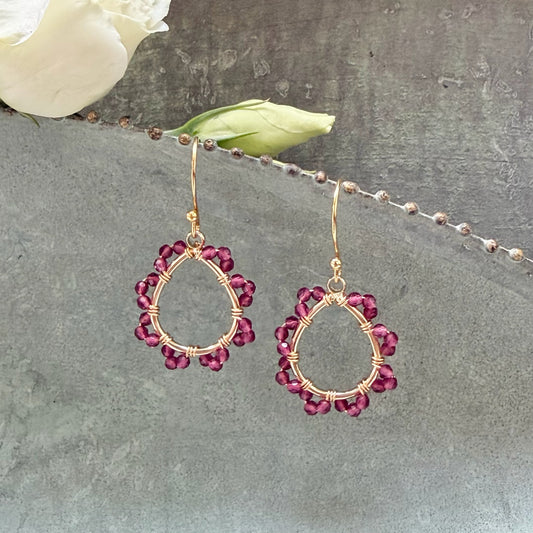 *Fuchsia Pink Garnet Mini Swirl Teardrop Earrings