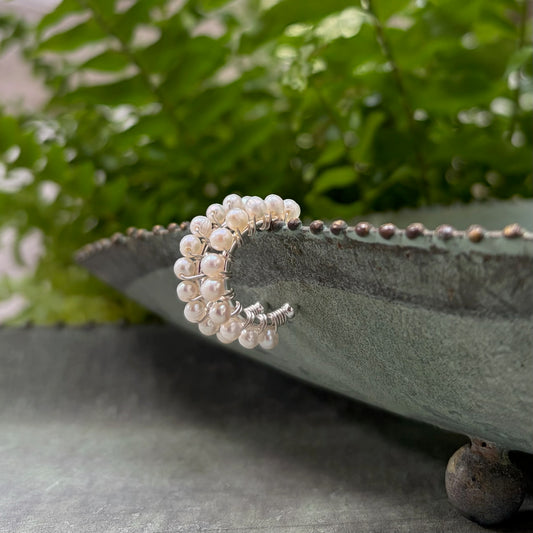 *Freshwater Pearl Mini Hoop Beaded Earrings (Silver)