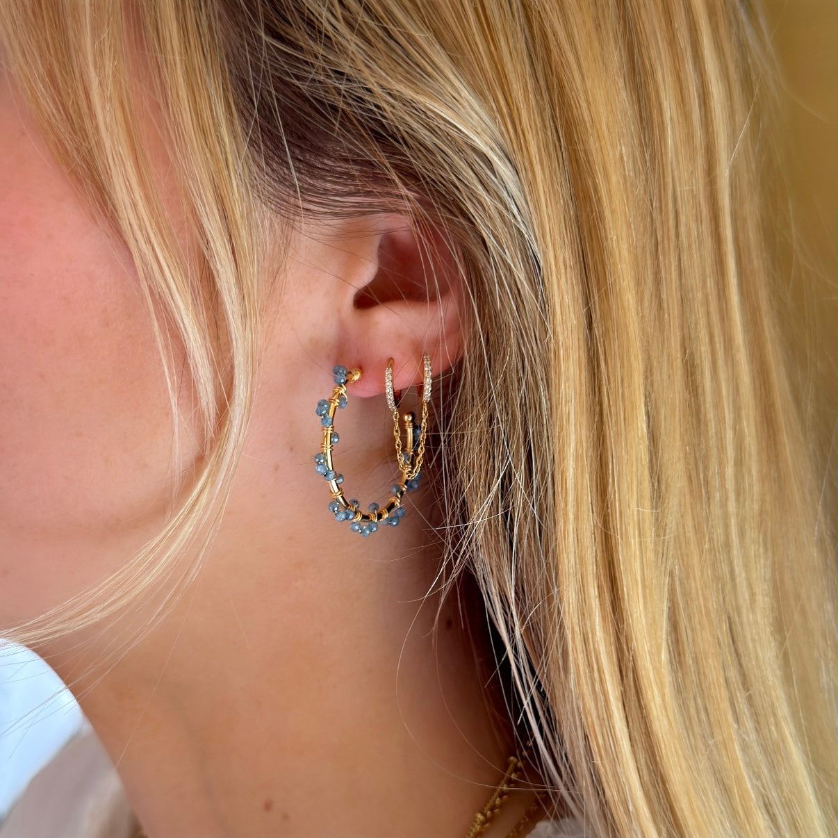 Pale Denim Blue Azurite Swirl Midi Hoop Beaded Earrings