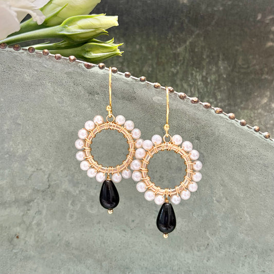 *Pearl Mini Round With Black Onyx Drop Beaded Earrings