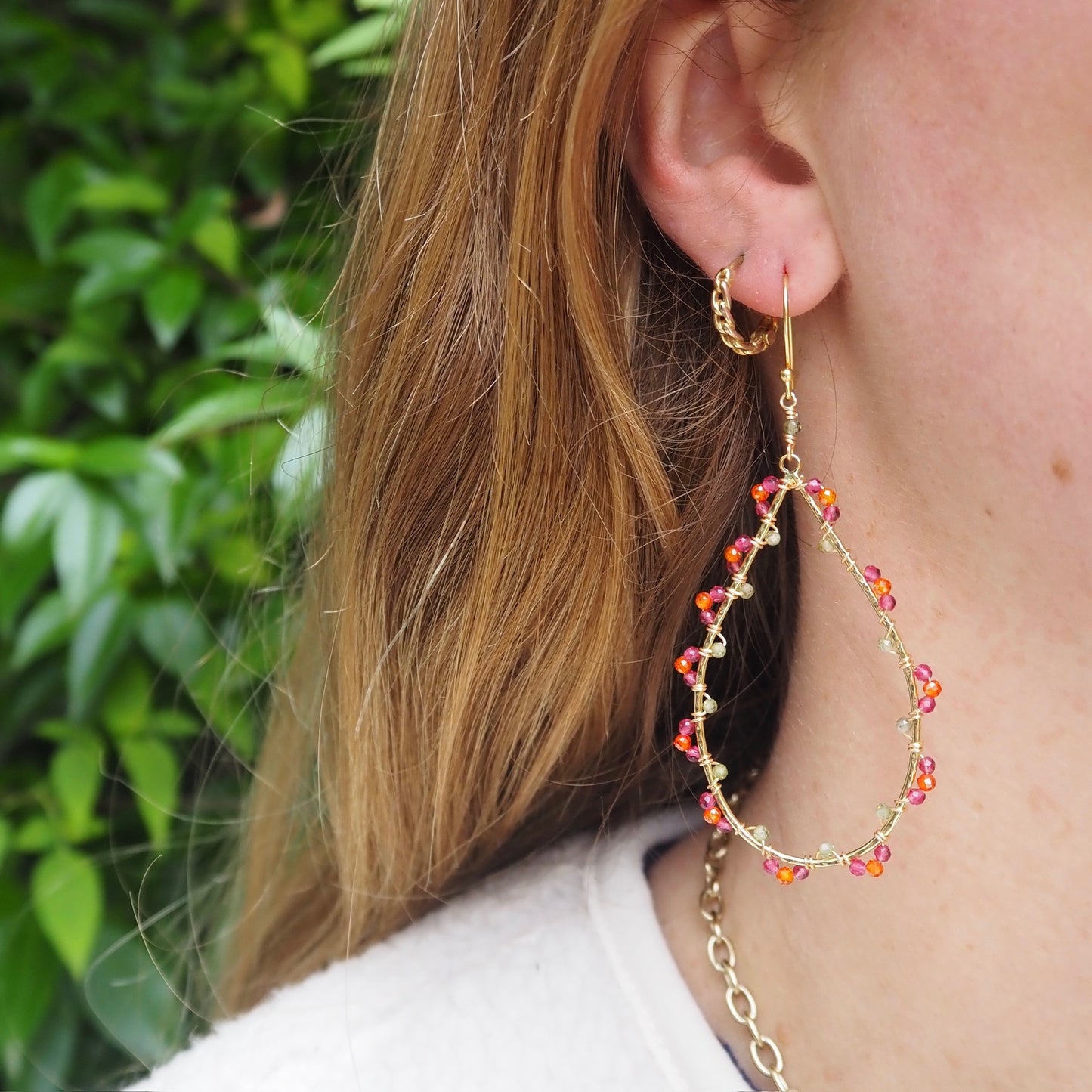 Pink Amethyst, Olive Green Peridot & Orange Crystal Wrapped Maxi Teardrop Earrings