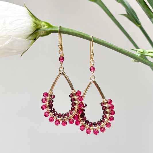 *Fuchsia Pink Garnet & Burgundy Garnet 1/2 Teardrop Beaded Earrings