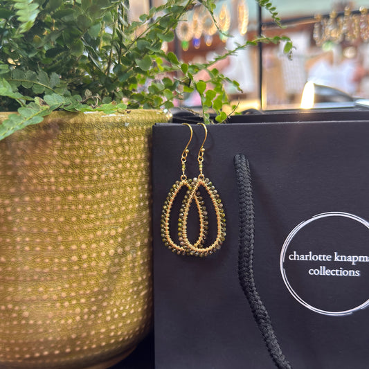 Olive Green Peridot Long Teardrop Beaded Earrings