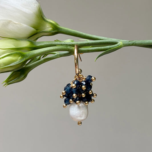 *Mini Hoop Earrings With Ibiza Pearl & Dark Navy Iolite Drops