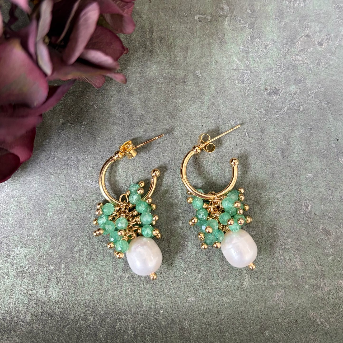 Mini Hoop Earrings With Ibiza Pearl & Mint Green Jade Drops