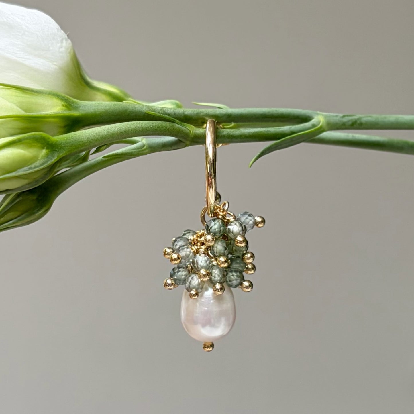 Mini Hoop Earrings With Ibiza Pearl & Sage Green Quartz Drops